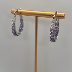 RL Sterling Silver Hoop Earrings Purple Crystal Accent Pierced